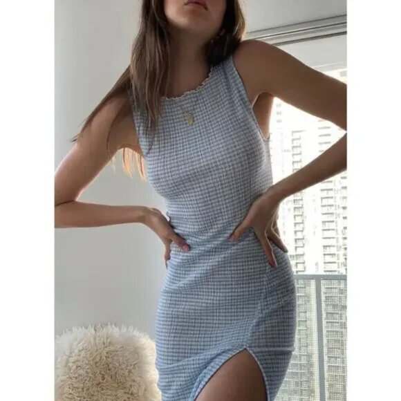 Aritzia Wilfred Verona Gingham Sleeveless Midi Dress Blue Green Size Medium - Picture 2 of 10